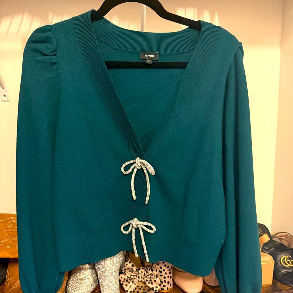 Express Hunter Green Cardigan with bow detail sz L